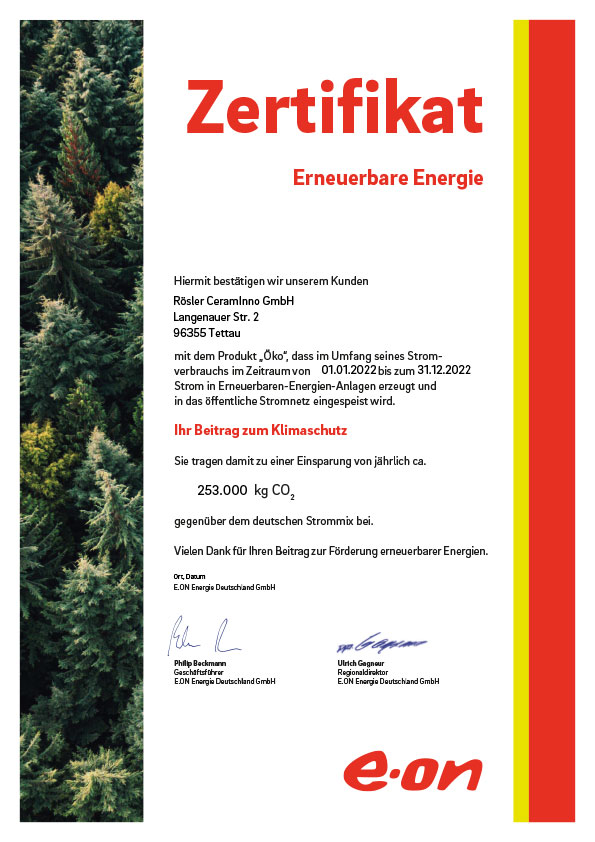 Einsatz von Ökostrom – Ein weiterer Beitrag von Rösler CeramInno GmbH für den Klimaschutz auf dem Weg hin zu einer CO2 neutralen Produktion